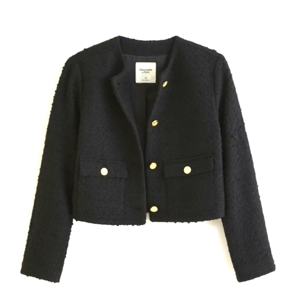 Abercrombie & Fitch Black Cropped Bouclé Blazer with Gold Buttons
